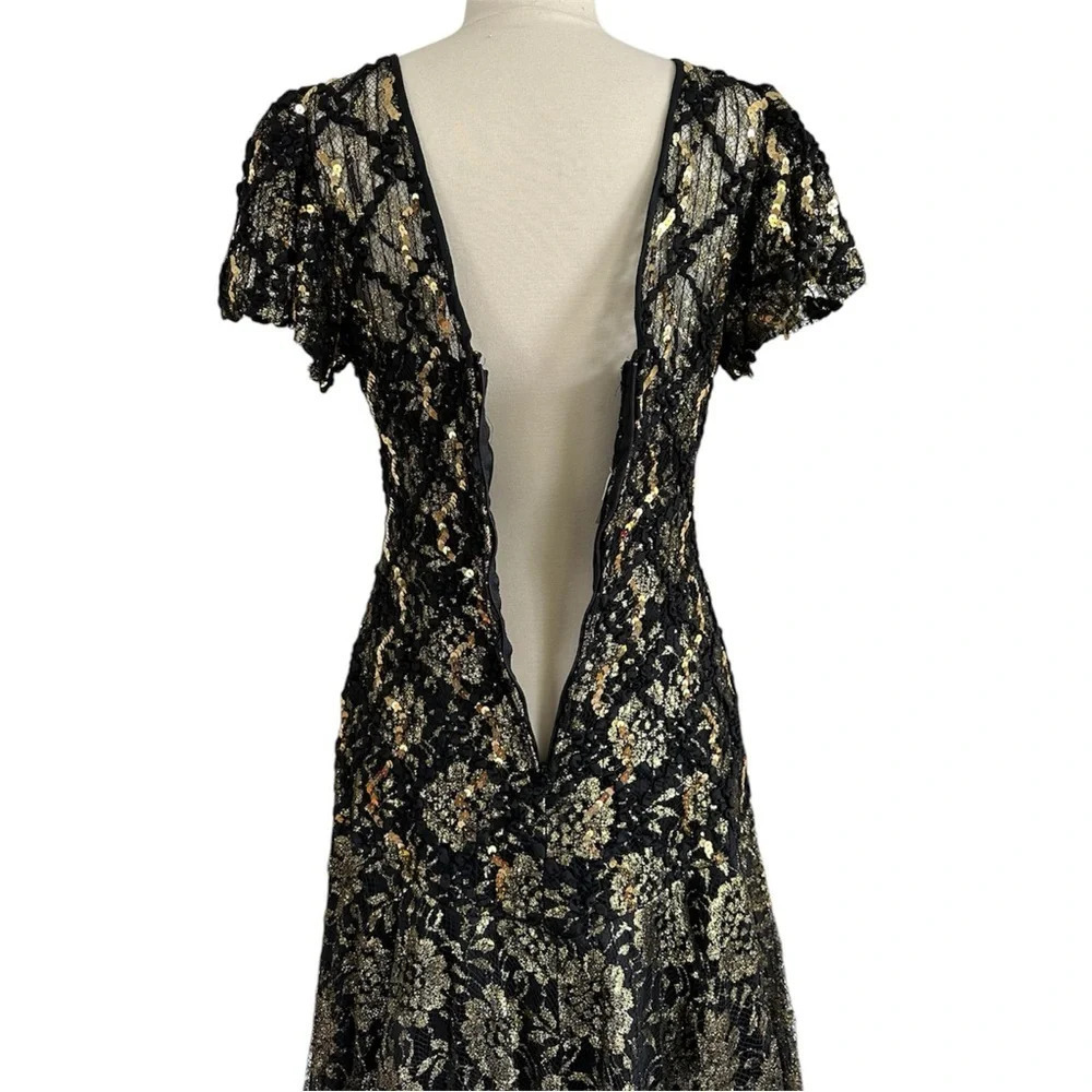 Vintage 80s Sequin Evening Dress Black Gold Floral Lace Size Small Formal - Picture 5 of 14